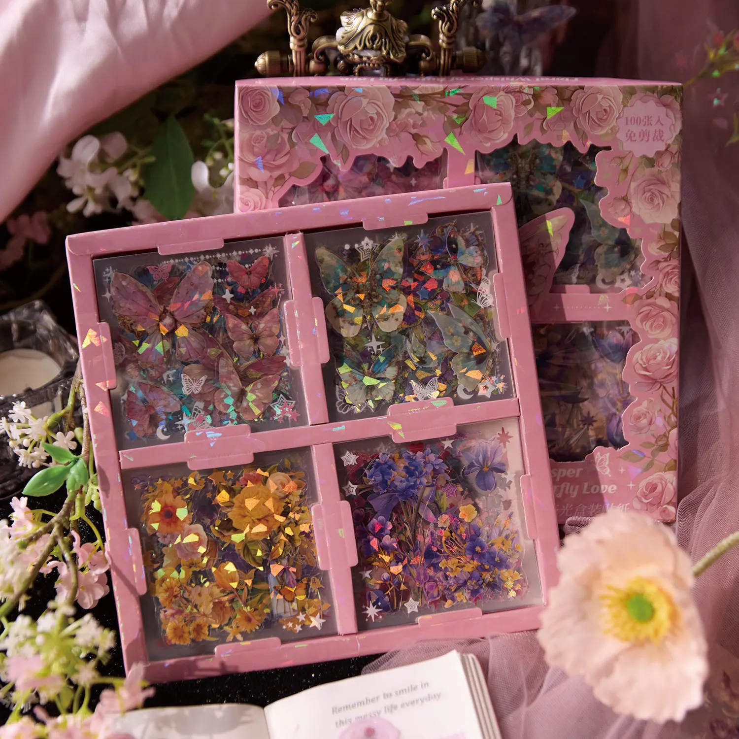 100 adesivi in scatola per animali domestici Fiore Farfalla Serie di lingue d'amore Laser Shell Light Adesivi per pacchetti di adesivi per manuali farfalle fai-da-te