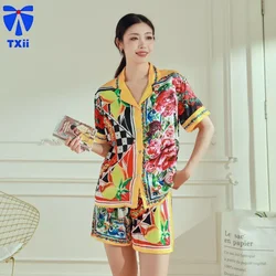 TXii Pajamas, women's cartoon printed ice silk thin suit, short sleeved shorts, high-end home clothes, worn for external wear 9