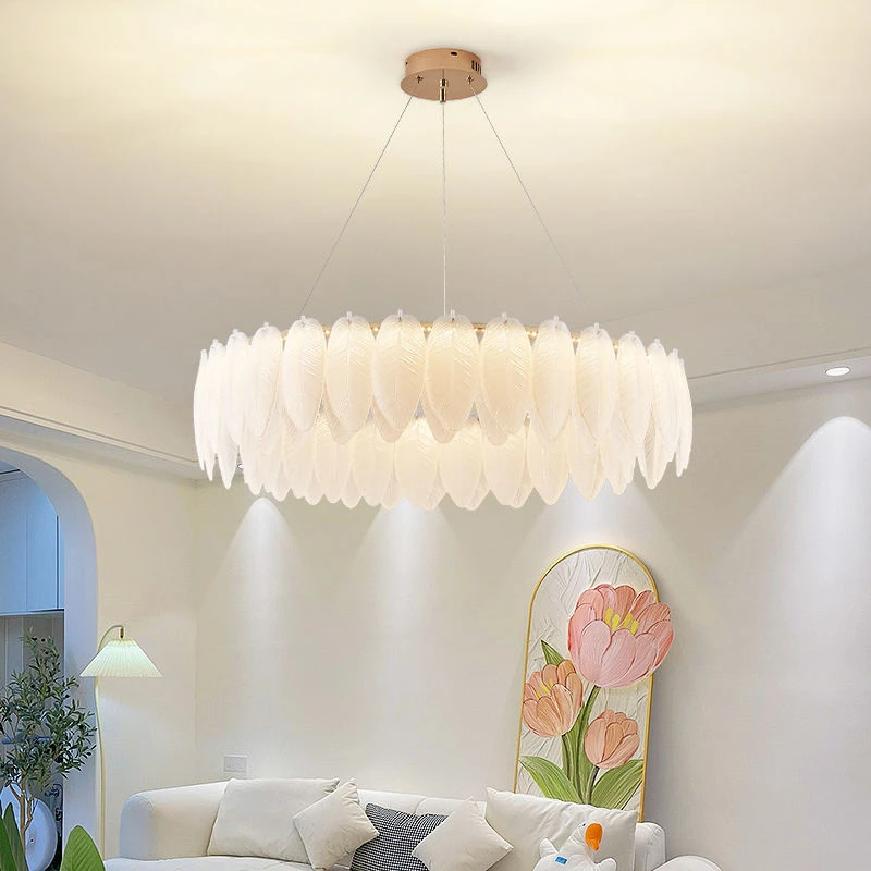 

Luxury Villa Led Chandelier Feather Glass Gold Metal for Living Dining Table Room Bedroom Pendant Lights Home Decor Lustre Lamp