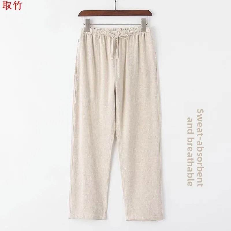 

Loose Fit Linen Straight Leg Casual Pants Elastic Waist Zen Meditation Men's Trousers Traditional Chinese Sle Tai Chi Pants