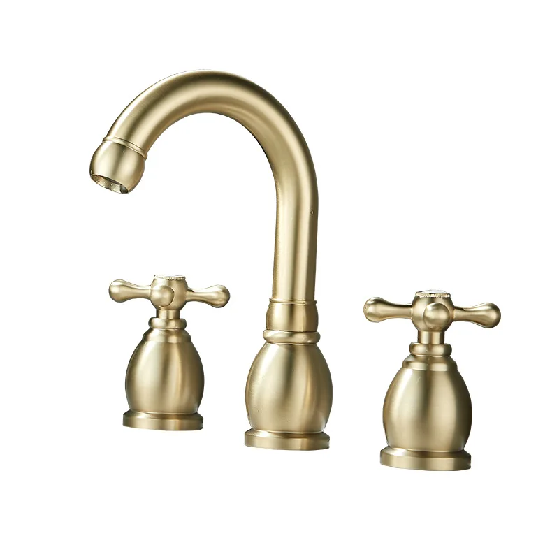 

European brushed gold split basin faucet All copper double handle three-hole hot and cold faucet