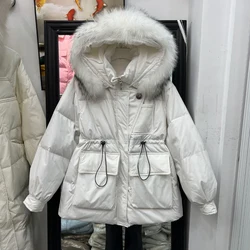 Women Hooded Down Jackets 2023 New Fall Winter Faux Fur Collar Solid Color Drawstring Thick Warm Outerwear Office Lady Wear