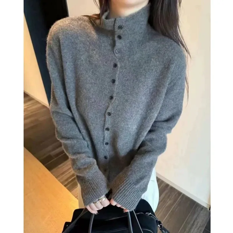 

Turtleneck 100 pure wool knitted cardigan women's autumn and winter thickened loose short bottom sweater jacket