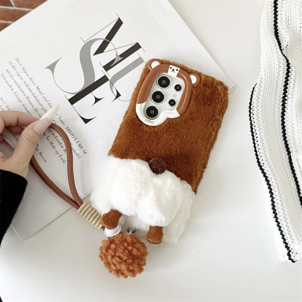 Kawaii 3D Cartoon Corgi Puppy Fuzzy Plush Phone Case for Samsung Galaxy S26 Ultra S25 A56 Braided Wrist Strap Protective Cover