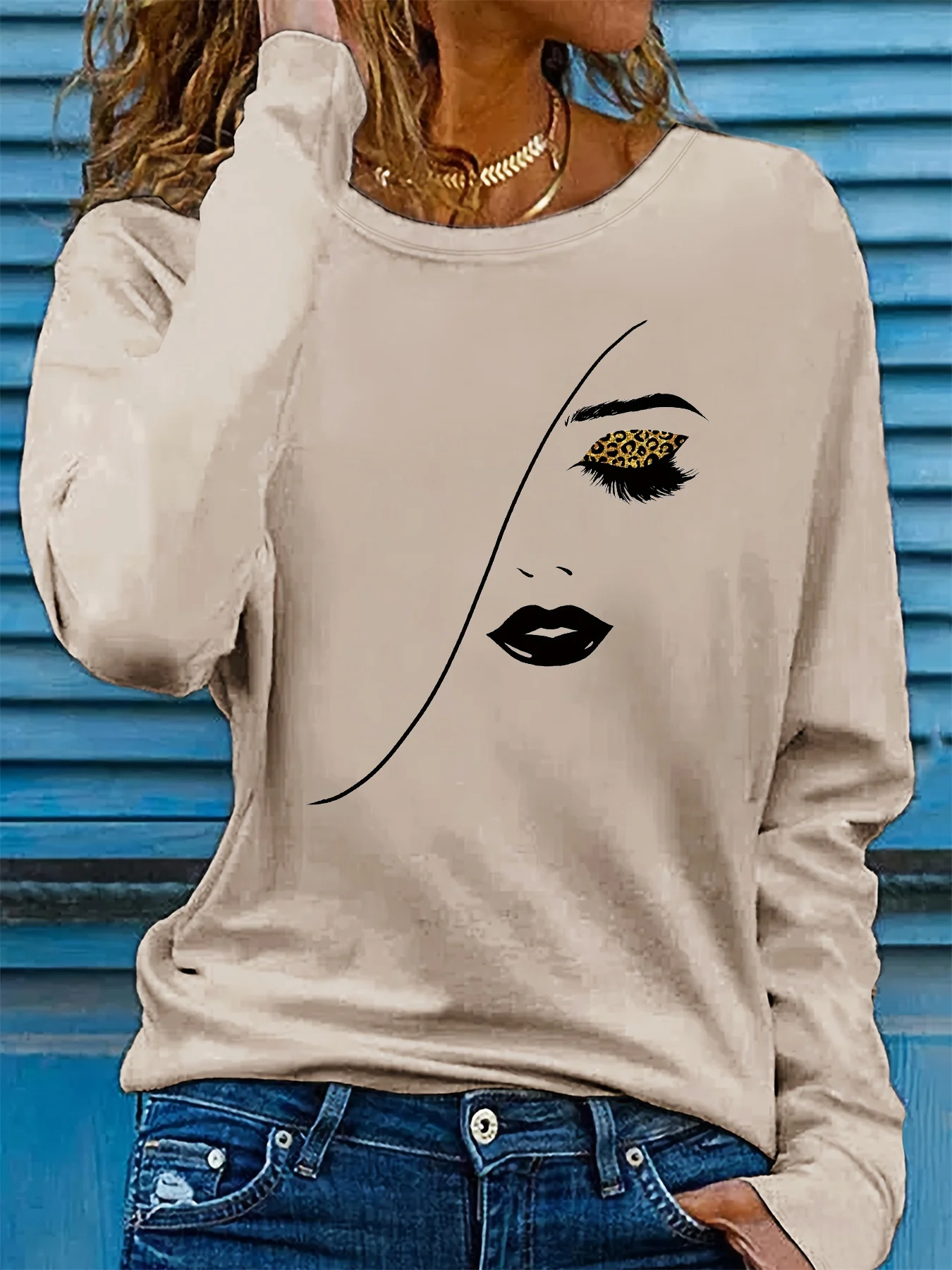 Camiseta 100% de algodón puro para mujer, camiseta informal cómoda de manga larga con estampado de retrato y cuello redondo para primavera y otoño