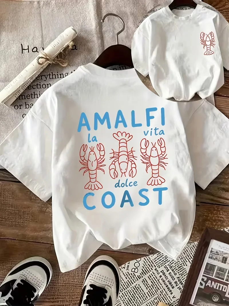 Amalfi Coast Lobster Graphic T-Shirt, Lady's Tops ,Cute Seafood Print Front & Back Top for Women, Breathable Summer Daily Wear