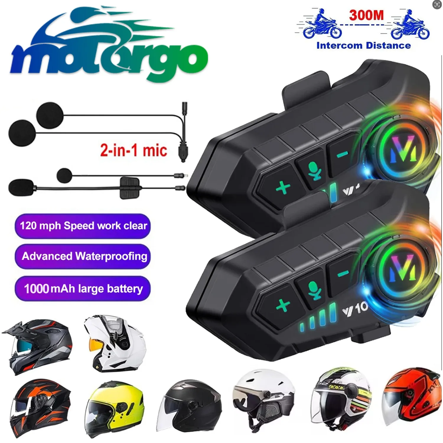 Y10 -2X Motorcycle Helmet Bluetooth Headset Intercom  The Large Batterylasts 48 Hours lntelligent Noise Reduction IPX6 Waterproo