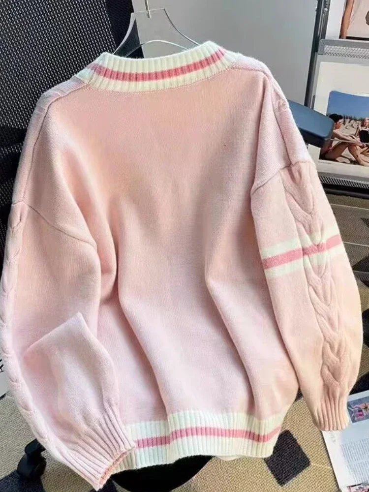 Cardigans de malha com laço feminino, casacos de peito único, suéteres Kawaii JK, estética Y2k, todos os fósforos, cor de contraste, na moda