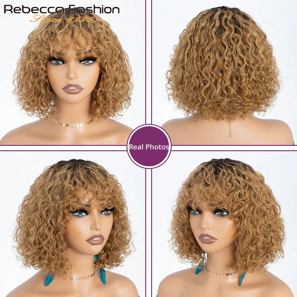 Short Curly Bob Wigs with Bangs 100% Human Hair Water Wave Glueless Wigs Through and Go 150% Density Ombre Honey Blonde Color