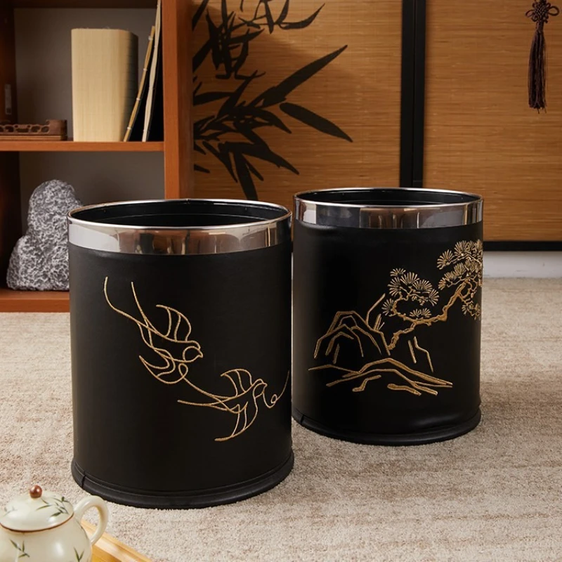 

Vintage-inspired Leather Embroidered Waste Bin Home Use Minimalist Luxury Lidless Lixeira Inteligente Household Merchandises