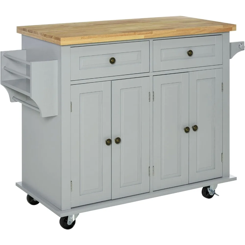 Kitchen Island on Wheels, Rolling Cart with Rubberwood Top, Spice Rack, Towel Rack and Drawers for Dining Room, Grey