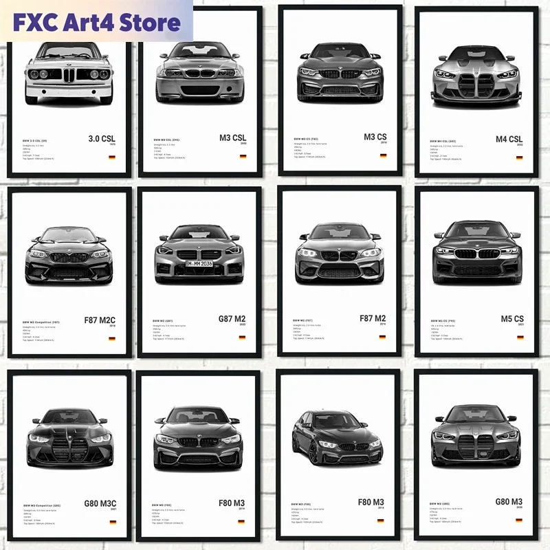 Rahmenlose Leinwandbilder Berühmter Autos: M5 CS G80 M3, M3 CSL E36 E39 – Dekorative Wandkunst für Moderne Heimdekoration, Geburtstagsgeschenk