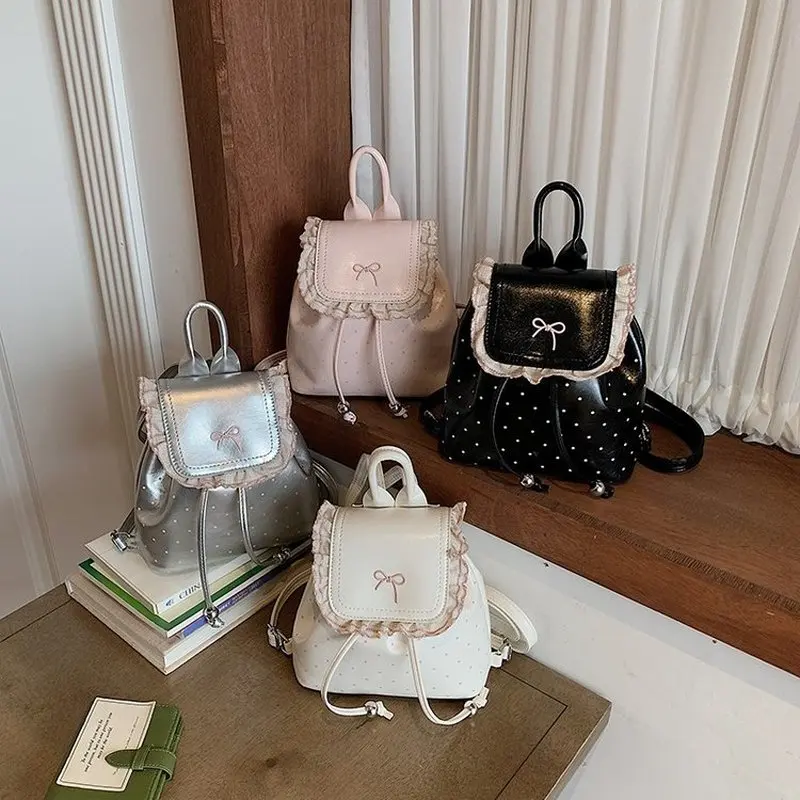 Cute Rabbit Ear PU Leather Backpack Pink Polka Dot Lace Trim Girls School Bag For Women Daily Ample Storage Space