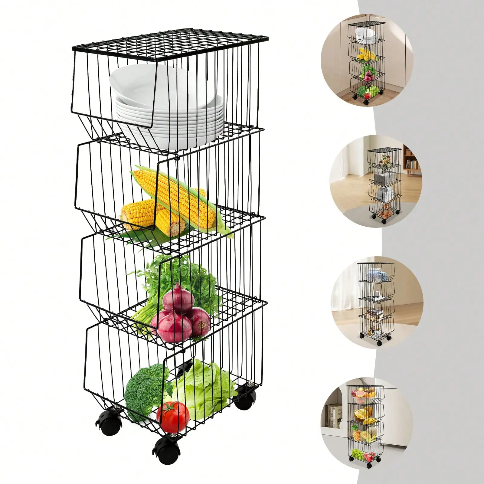 

4 Tier Kitchen Storage Cart Pantry Shelves Metal Wire Mesh Baskets Cart With Rolling Wheels Utility Organizer Storage Basket