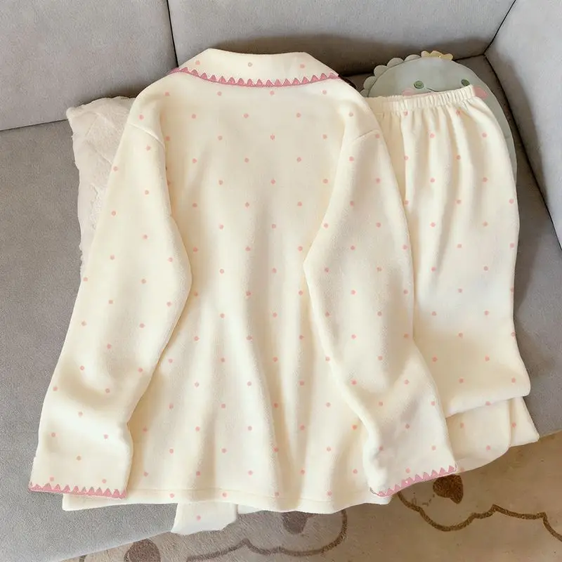 Women Flannel Pajama Set Winter Warm Fleece Sleepwear Cute Polka Dot Button Down Long Sleeve Loungewear 2 Piece Pijama Mujer New