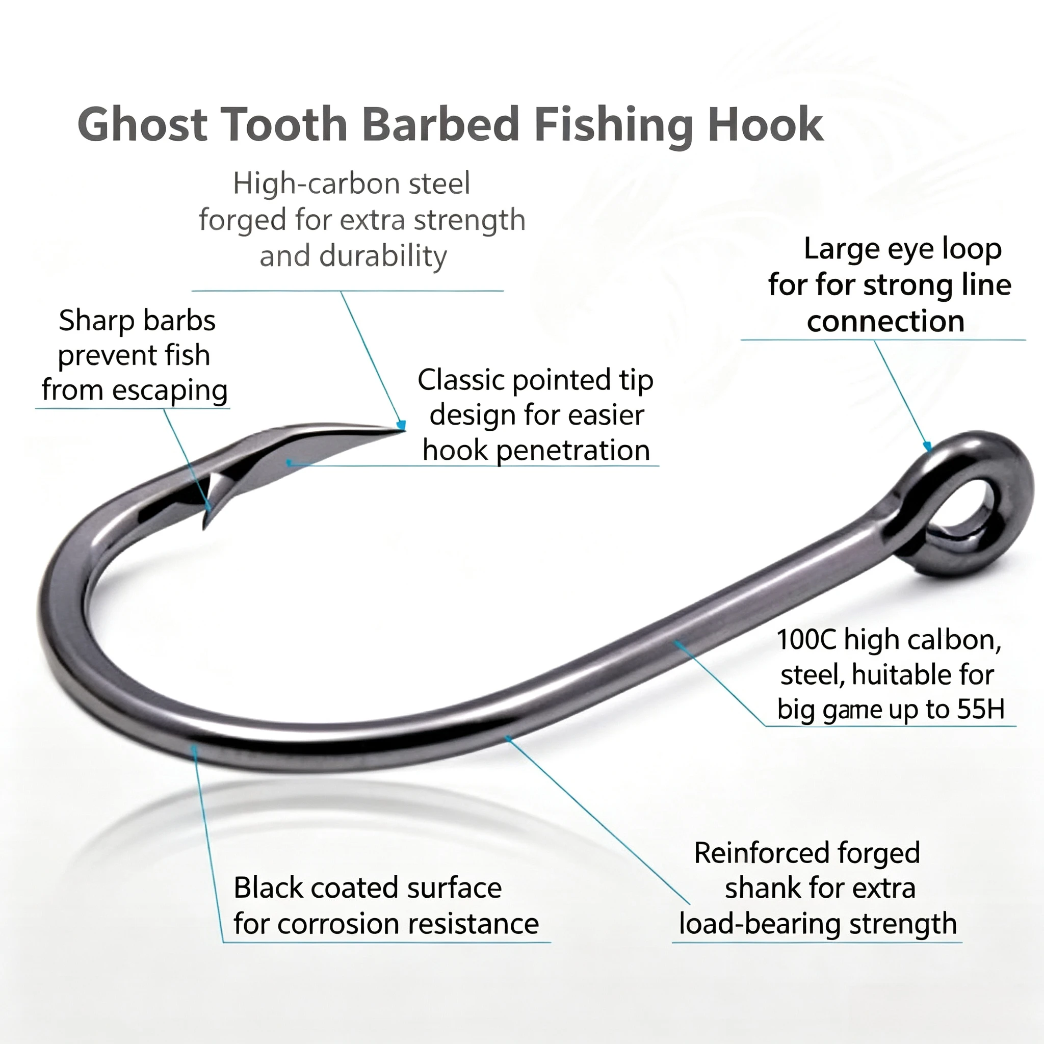 Ghost Tooth Offset Crooked Mouth Barbed Hook, Large Eye Loop Black Hook for Rock Fishing Seabed Black Snapper