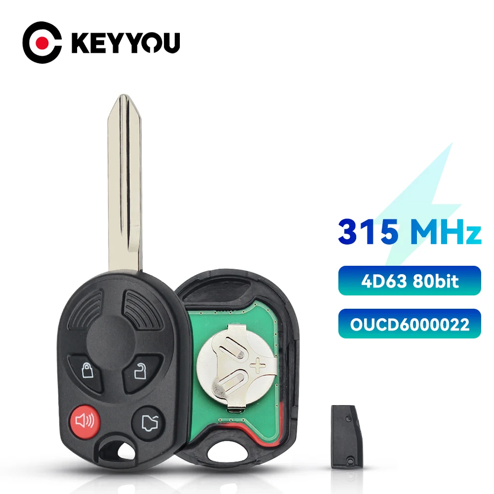 KEYYOU Complete Remote Car Key Fob 4 Button ID63 Chip 80 Bit For Ford Edge Escape Focus Lincoln Mazda Mercury OUCD6000022 315Mhz