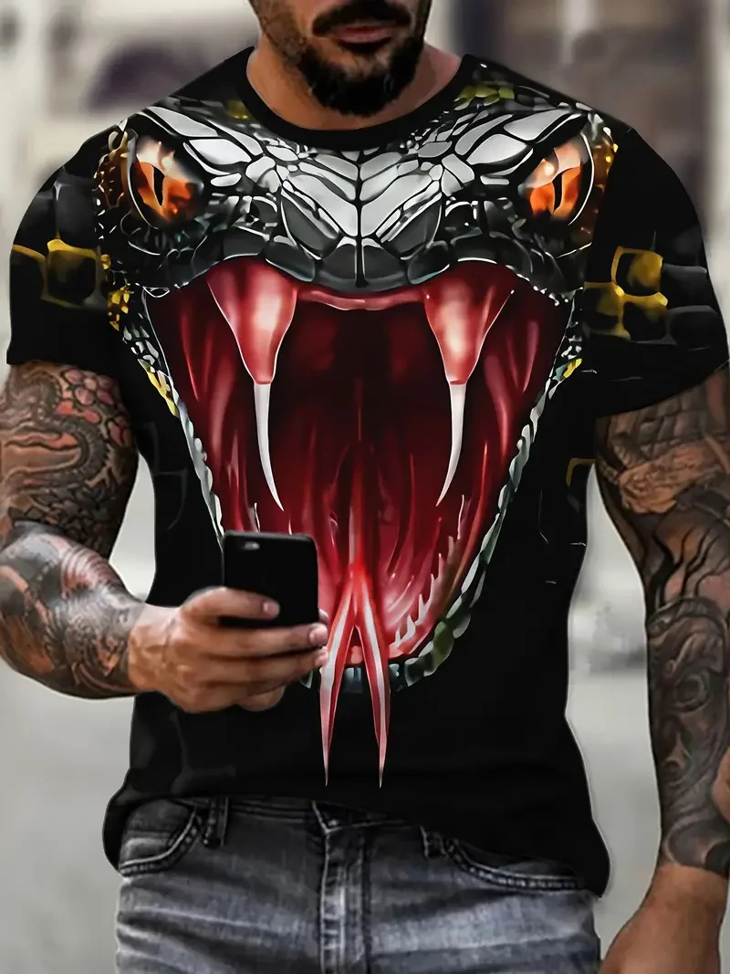 Fashion 3D Snake Printed T Shirt for Men Funny Animal Pattern Oversized T-Shirt Summer Hip Hop Trend Clothing Casual O-Neck Tops