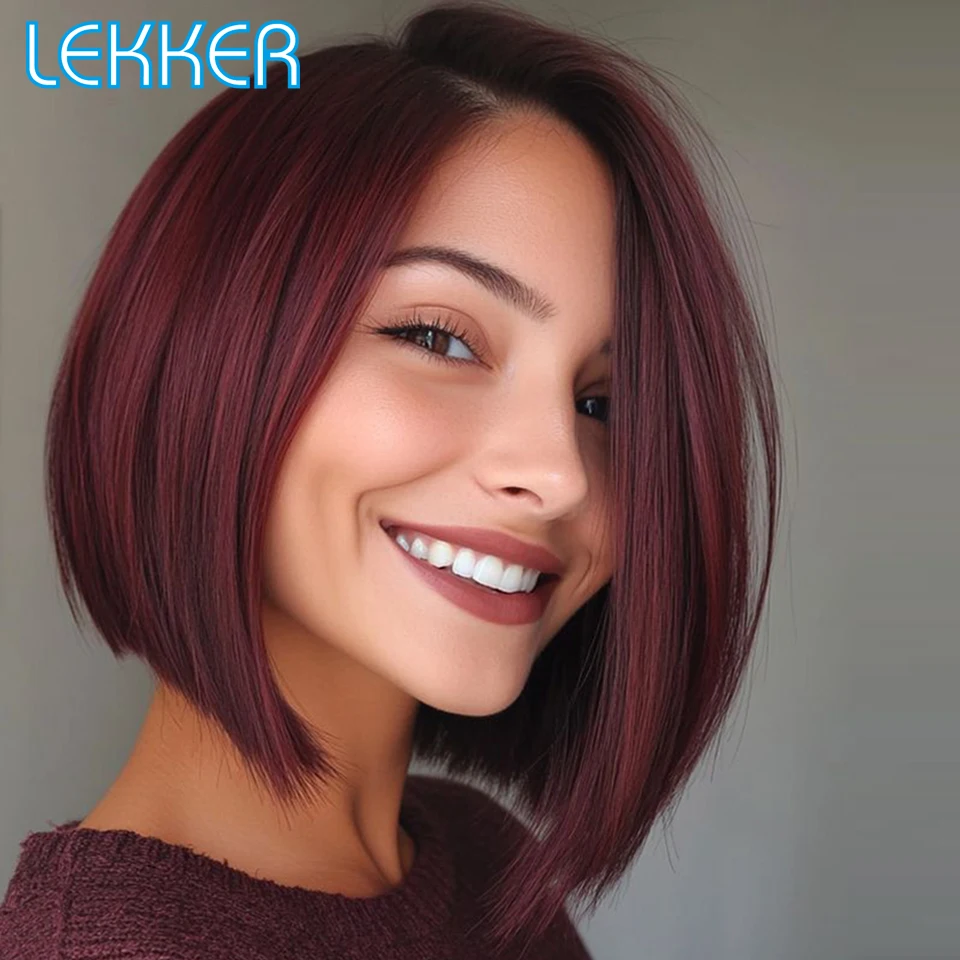 

Lekker Burg Red Short Straight Bob Side Part Lace 100% Human Hair Wigs For Women Brazilian Remy Hair Glueless Colored Daily Wigs
