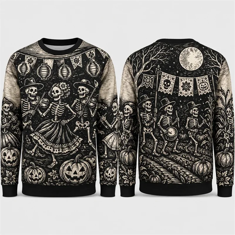 2026 New Autumn/Winter Retro Skeleton Dance Halloween Hoodie 3D Printed Round Neck Long Sleeve Pumpkin FolkGothic Street Costume
