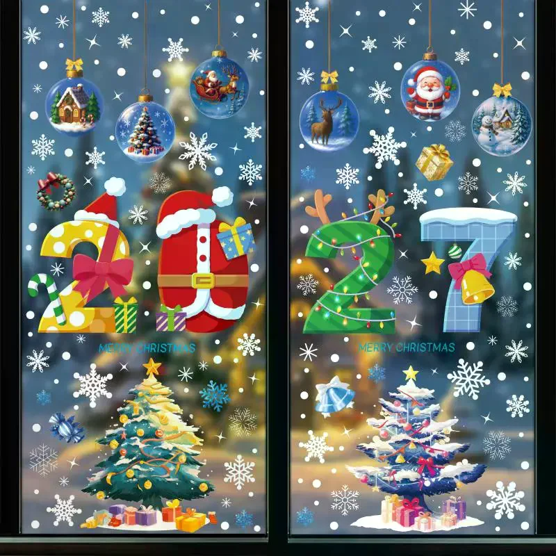 4/5 Sheets Snowman Reindeer Santa Claus Christmas Tree Static Cling Decals 2027 Merry Christmas Decor Window Stickers For Home