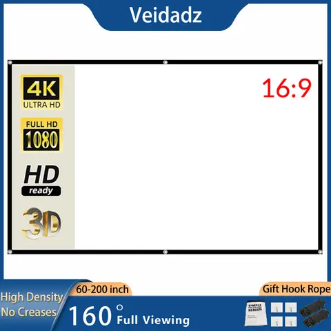 Veidadz Projector Screen Soft High Density White Anti-Crease 60-200inch 16:9 Portable Foldable Double Sided Screen Outdoor Movie