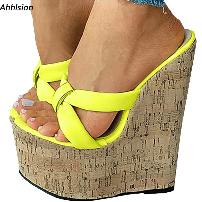

Ahhlsion/Новое поступление, женские летние босоножки с открытой пяткой, туфли на танкетке и высоком каблуке с круглым носком, желто-зеленые, розовые туфли, женские размеры США 4-15