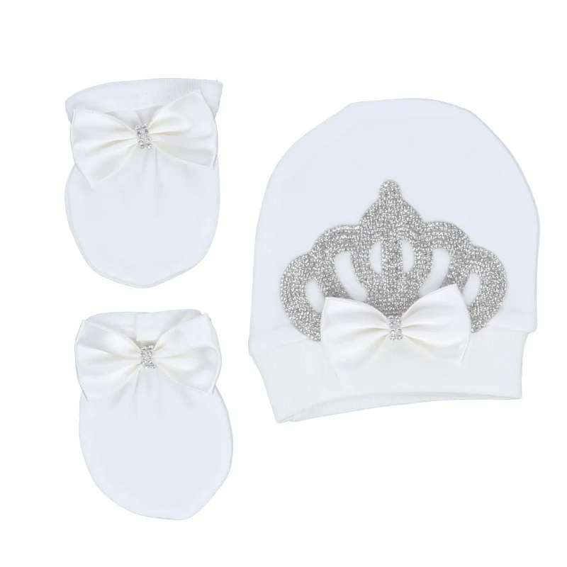 Newborn Baby Footed Romper 0-9 Months 4Pcs Off White Silver Rhinestone Crown Bow Long Sleeve Jumpsuit Royal Boutique Baby Gift