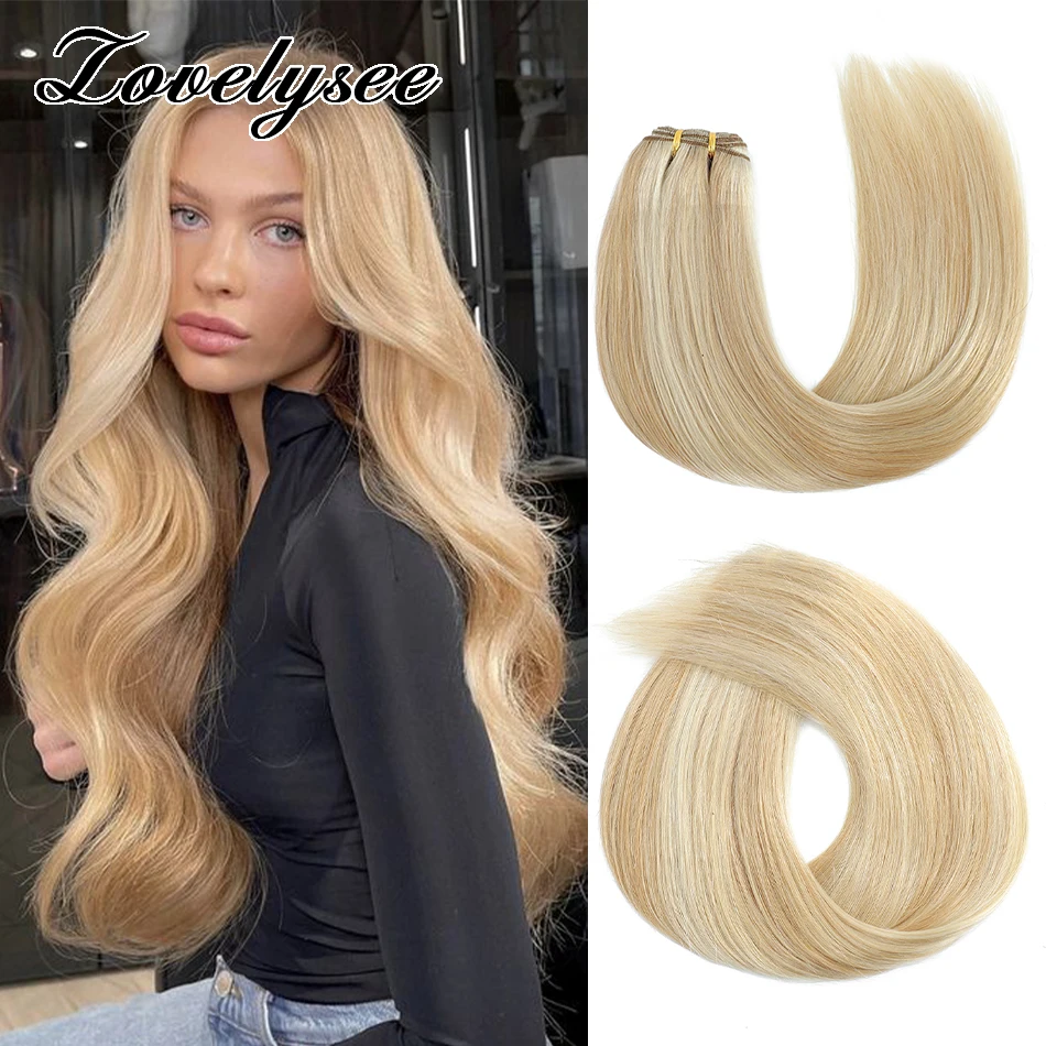 Gerade menschliches Haar Schuss verlängerungen Haar bündel Ombre blonde Farbe 50g nähen in seidigen natürlichen brasilia nischen Remy Haar Doppels chuss