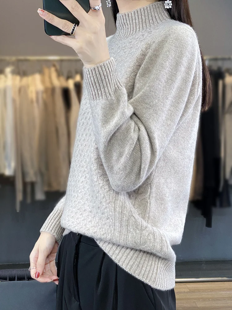 

Autumn Winter Turtleneck Thick 100% Merino Wool Knitwear Women's Cable Stitch Simple Solid Color Pullovers Thick Sweater Tops