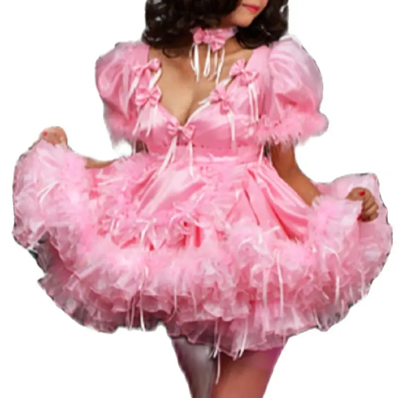 

Maid Sissy Dress Pink Heart Sexy Low Neck Back Strap Apron Fluffy Bow Cosplay Party Costume Customization