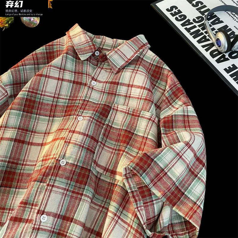 Camisa xadrez de manga curta masculina, jaqueta de alto nível, retrô, verão, novo, 2024.7.6