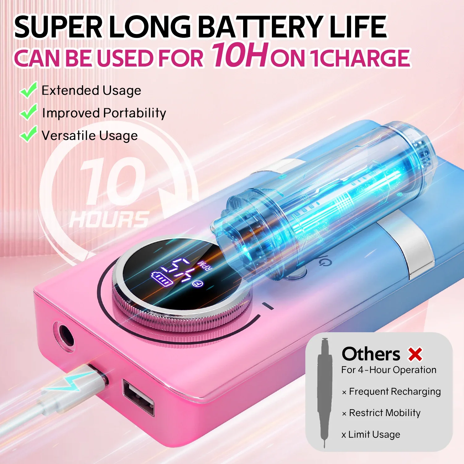 45000 RPM Oplaadbare Nagelboormachine Professionele Hoge Snelheid Nagelschuurmachine Met Lage Vibrerende Nagels Boor Voor manicure Salon