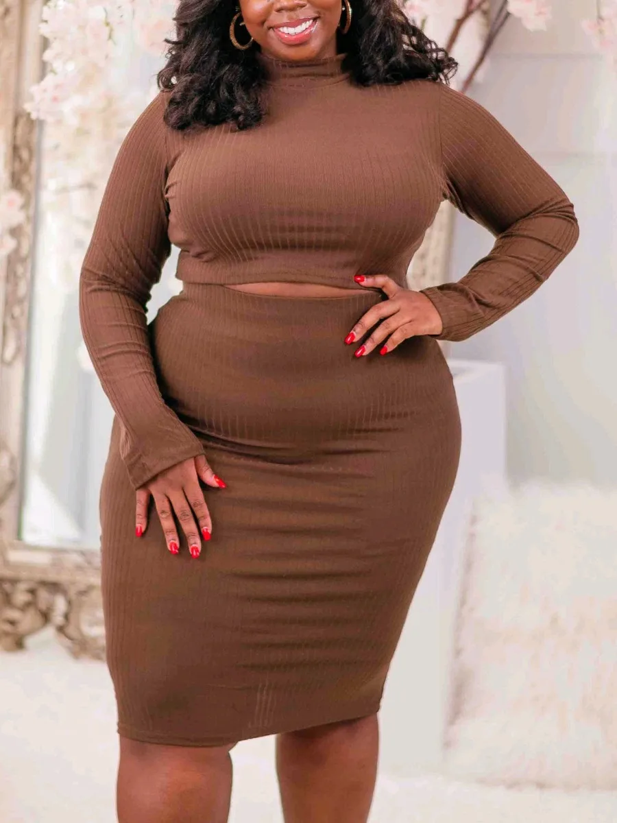 LW Plus Size Round Neck Crop Top Rib Knit Skirt Set Slim Fit Plain 2pcs Matching Dresses Set Crew Neck Bare Waist Top & Skirt