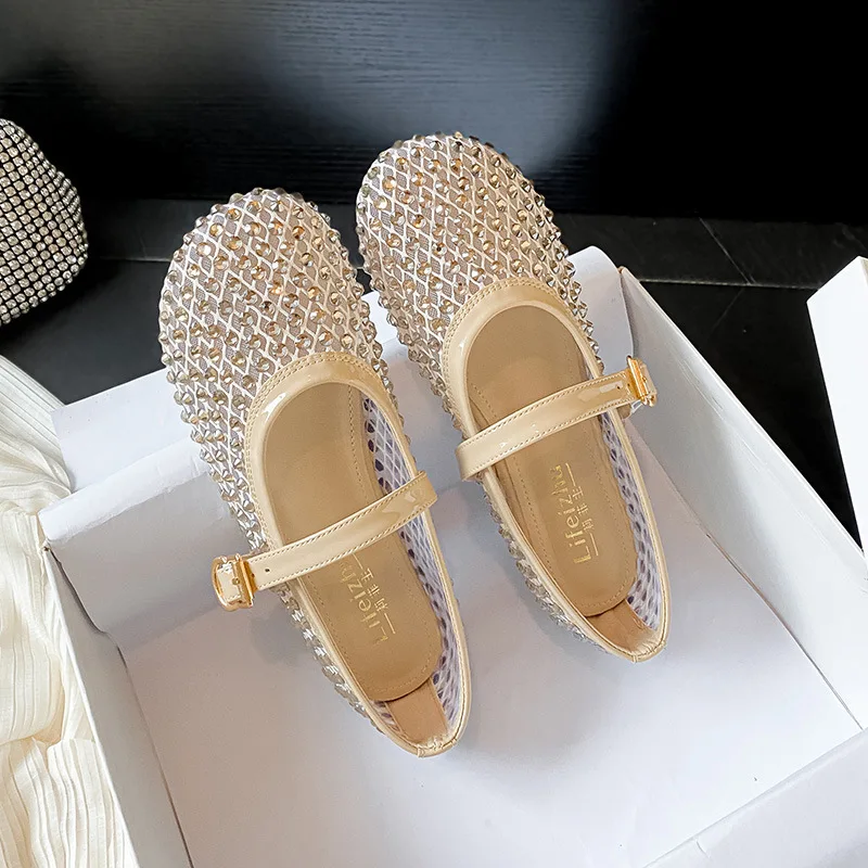 2025年夏新作-小さなオーディエンス向けバレエシューズ-メッシュラインストーン-通気性-バックル付き-フラット-メリージェーン-レディース-ローカット-ファッション-カジュアルシューズ