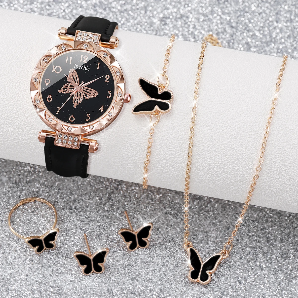 5PCS/Set Fashion Rhinestone Butterfly Women Watch Jewelry Set Female Leather Band Watch Ladies Clock（Without Box）