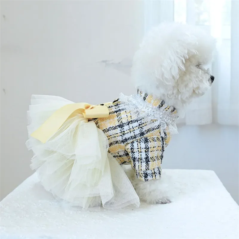 Pet Yellow Princess Dress Plaid Tulle Patchwork Costume Festival Party Styling Accessories For Small Dog Cat Wedding Party