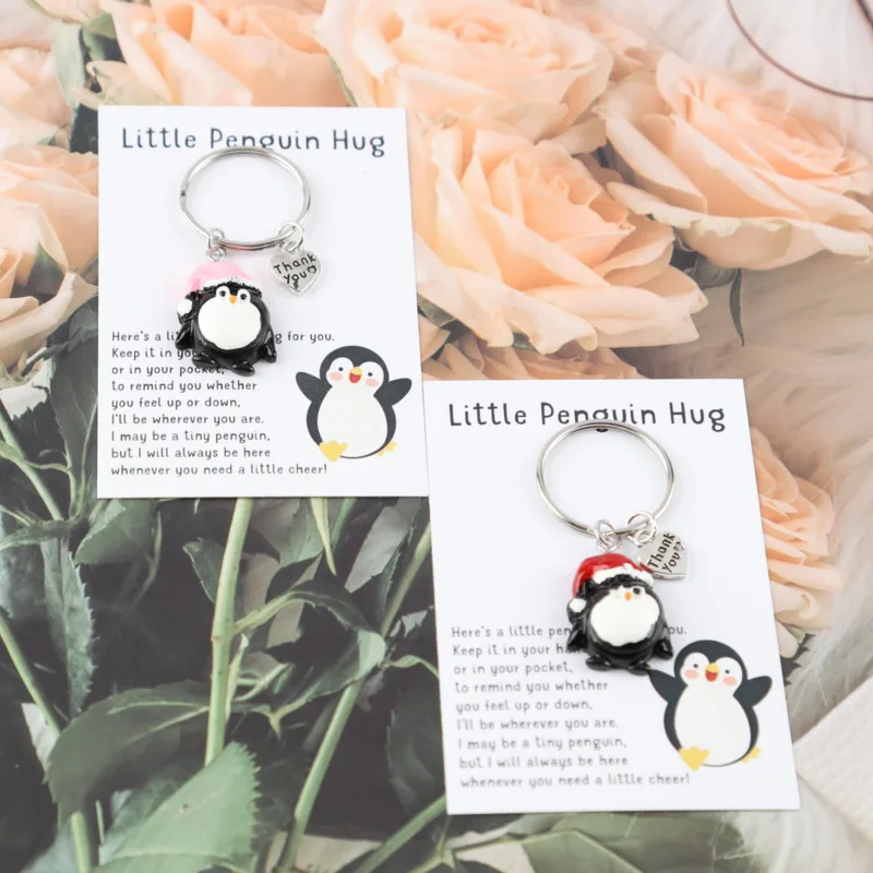 1/2 piezas de lindo pingüino con tarjeta de agradecimiento y llavero con forma de corazón, con un pingüino pequeño abrazando a una persona, un hermoso regalo para familiares y amigos.