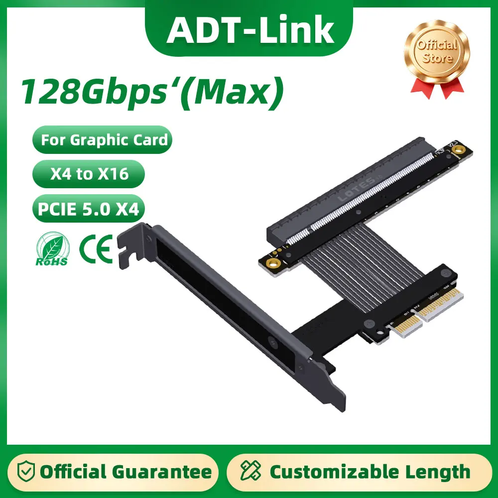 

ADT-Link PCIe Gen5 5.0 x4 to x16 High-Speed Flexible GPU Extension Cable Graphic Card Riser Adapter with Bracket Extended 1U