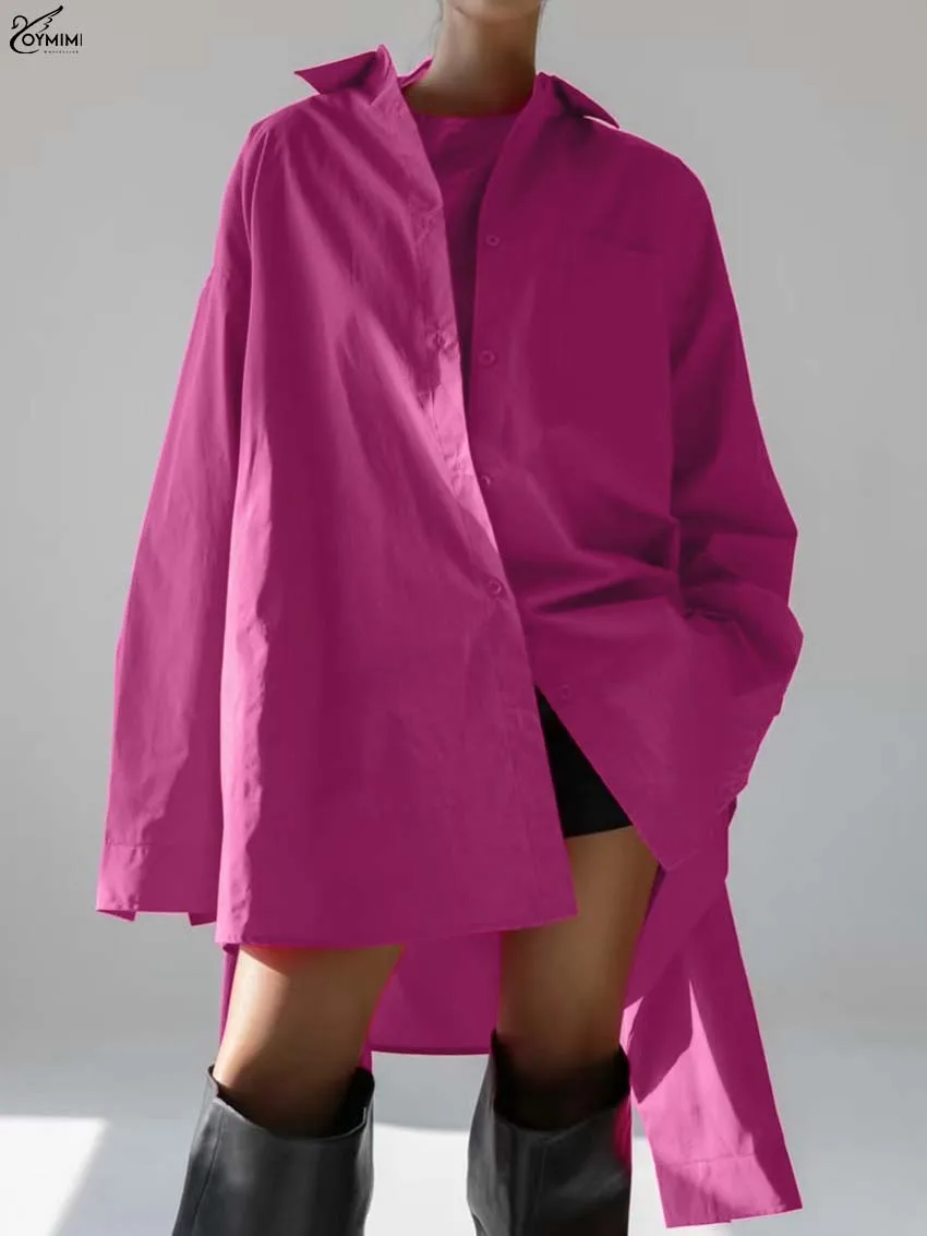 

Oymimi Elegant Deep Pink Cotton Women's Shirt Fashion Turn-Down Collar Long Sleeve Blouses Casual Pockets Solid Blouses Female