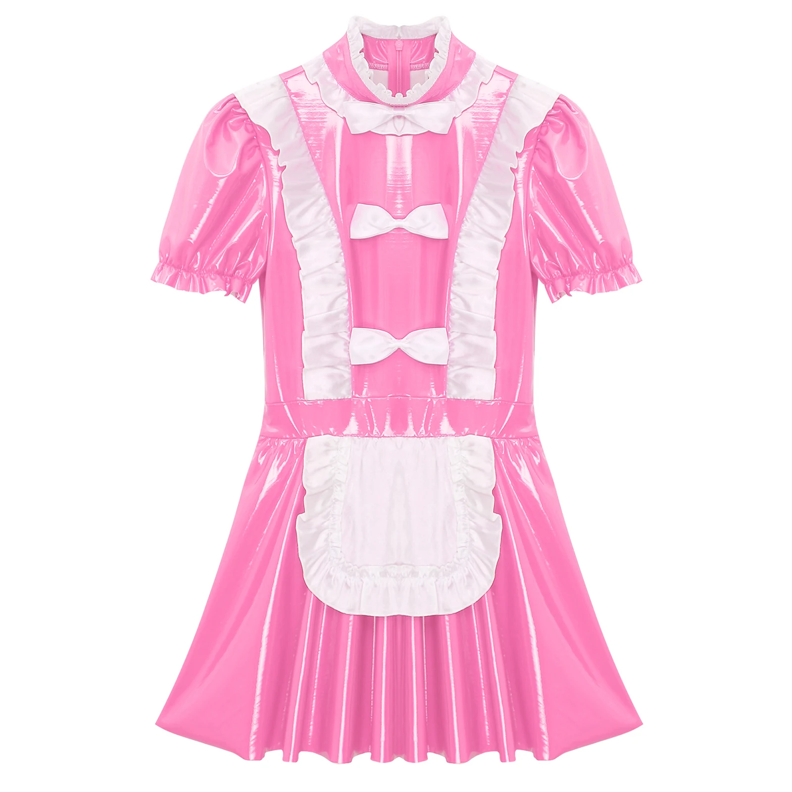 

Mens Short Sleeve Flared French Maid Dress with Apron Cosplay Costume Patent Leather Glossy Ruffles Trim Bow Apron A-Line Dress