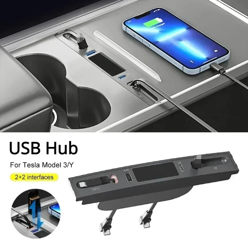 Docking Station For Tesla Model 3 Y 27W Quick Charger USB Shunt Hub Extension Center Console Smart Sensor Accessories 2021-2024