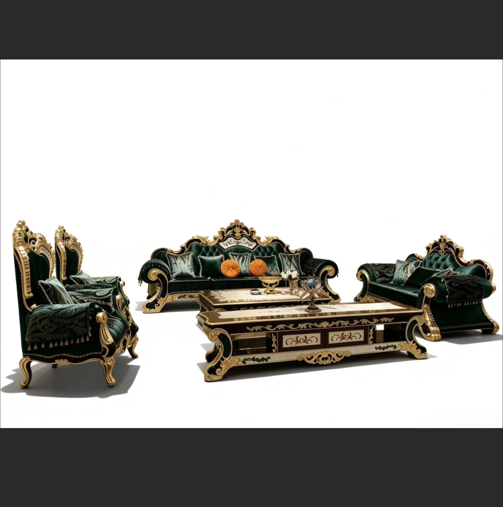 #Turkish Royal Luxury Villa European Design Large Full Set High Density Sponge Filled Removable Washable Retro Gold Wooden Sofa