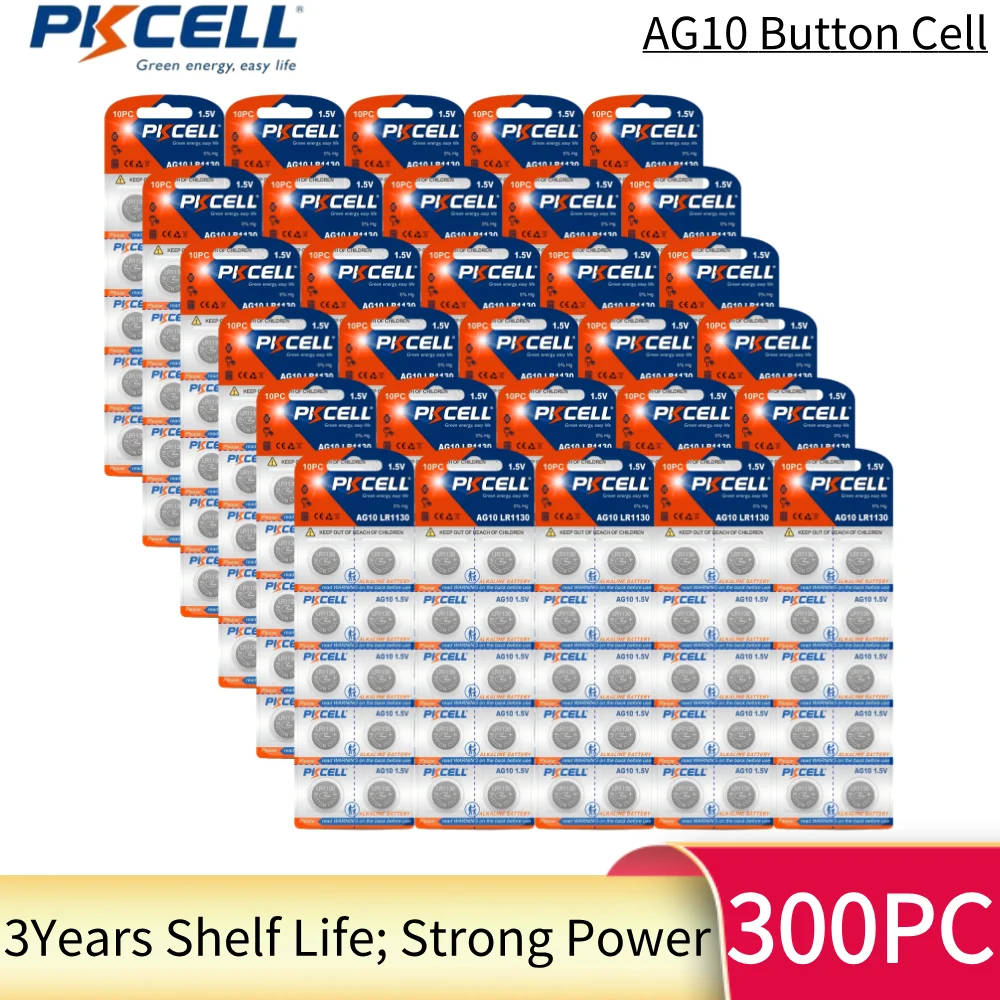 

300PCS PKCELL AG10 LR1130 Batteries 389A LR1130 LR54 L1131 SR1130 1.5v 78MAH Button Cell Coin Battery for Watches Calculators