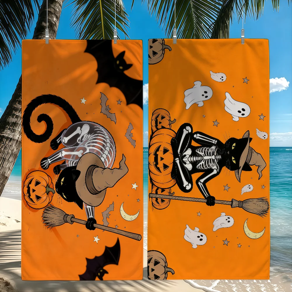 Orange Halloween Black Cat Skull Wizard Towel Bath Towel Travel Shower Quick-Drying Soft Same Style Men Women Sports