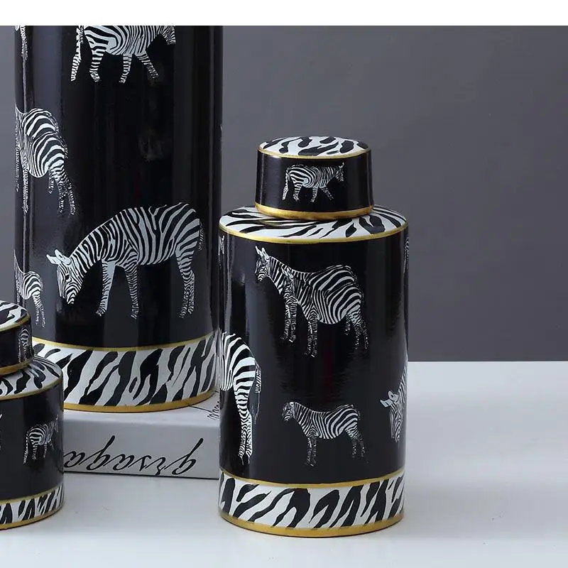 Zebra Painting Ceramic Vases Candy Jars with Lid Decorative Porcelain Storage Jar Desk Decoration Flowers Vase Nordic Home Decor