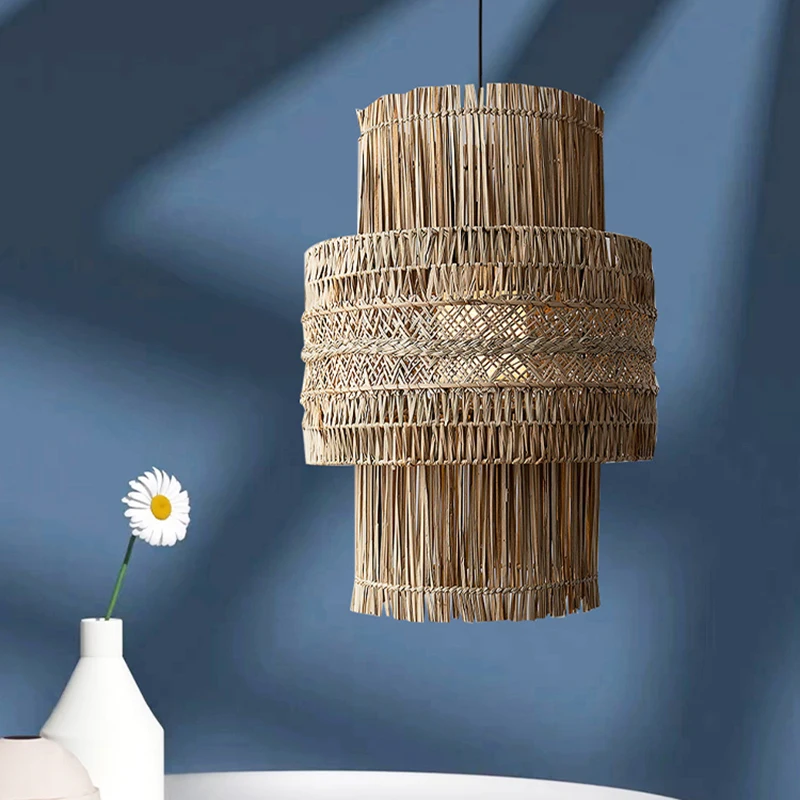 Wabi-sabi Style Retro Hand-woven Rattan Lamp Living Room Loft Minimalist Pendant Lights Kitchen Restaurant Suspension Luminaire