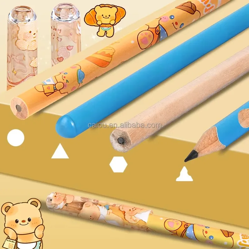 6 Pcs Butter Bear Plastic Pencil Caps, Cartoon Design Pencil Puller & Extender, Pencil Sleeve & Nib Protector for School & Offic