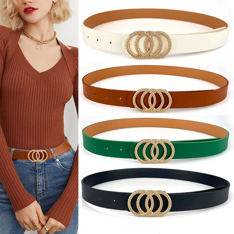 

Net Red Three-Ring Golden Buckle Ladies Fashion Belt Simple Ins Style Trend Decorative Waistband All-Match Jeans Classic Belt