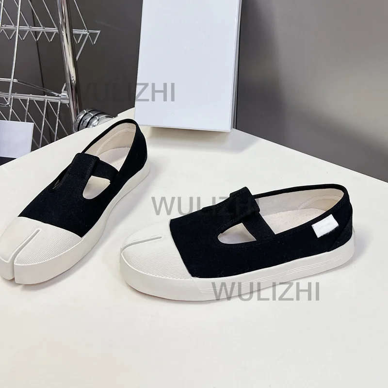 Tabi Sneakers Black and White Leather Flats Women Casual Canvas Sporty Round Summer Slip On Office Lady Shoes Girls Patchwork